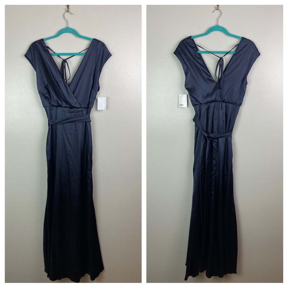 NWT Dessy Collection | Cap Sleeve Blouson Faux Wrap Dress Midnight Navy 2